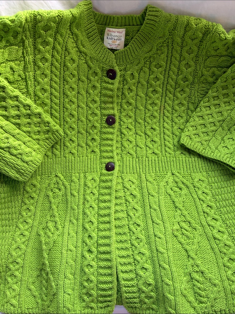 Merino Wool Cardigan Sweater XXL Plus Green Made Ireland Cable Knit Cottagecore - Picture 3 of 9